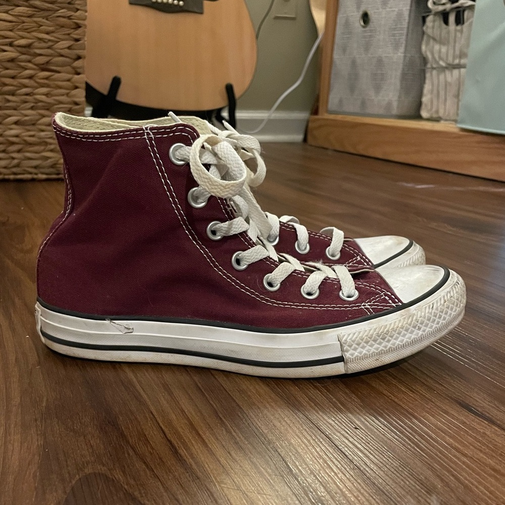 burgundy high top converse